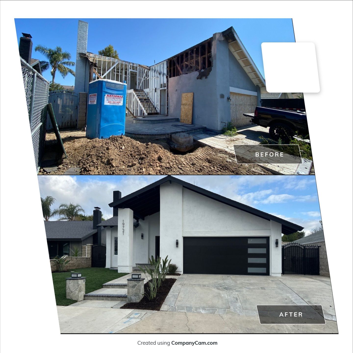Before and after exterior restoration project with rebuilt modern front elevation.