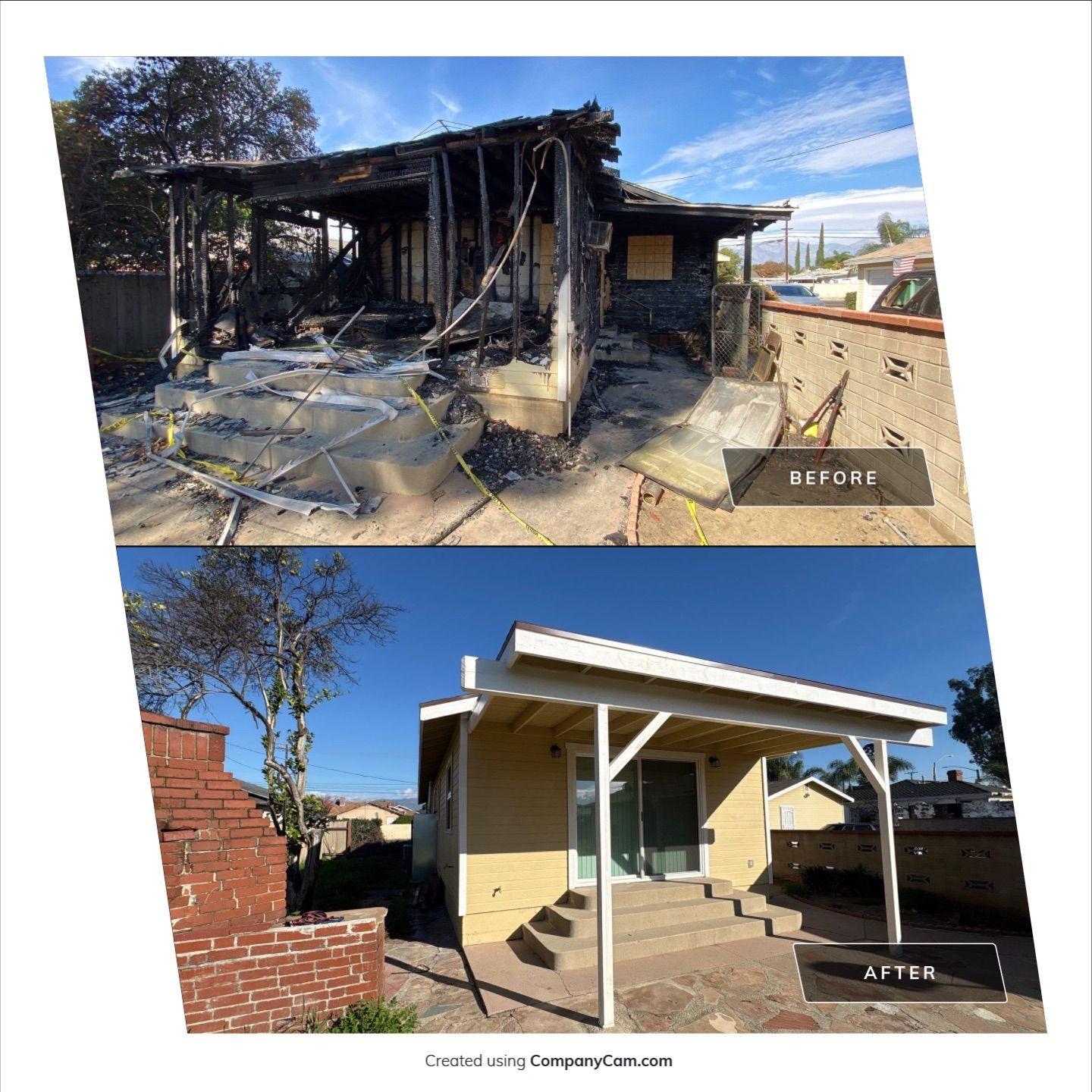 Before and after fire damage restoration of a home exterior and patio.