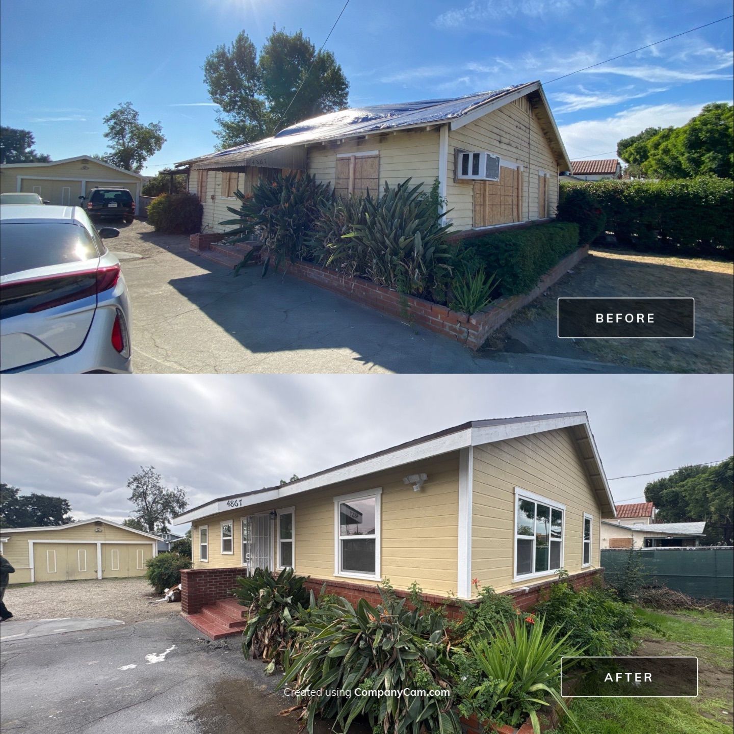 Before and after residential exterior repair with new windows and trim.