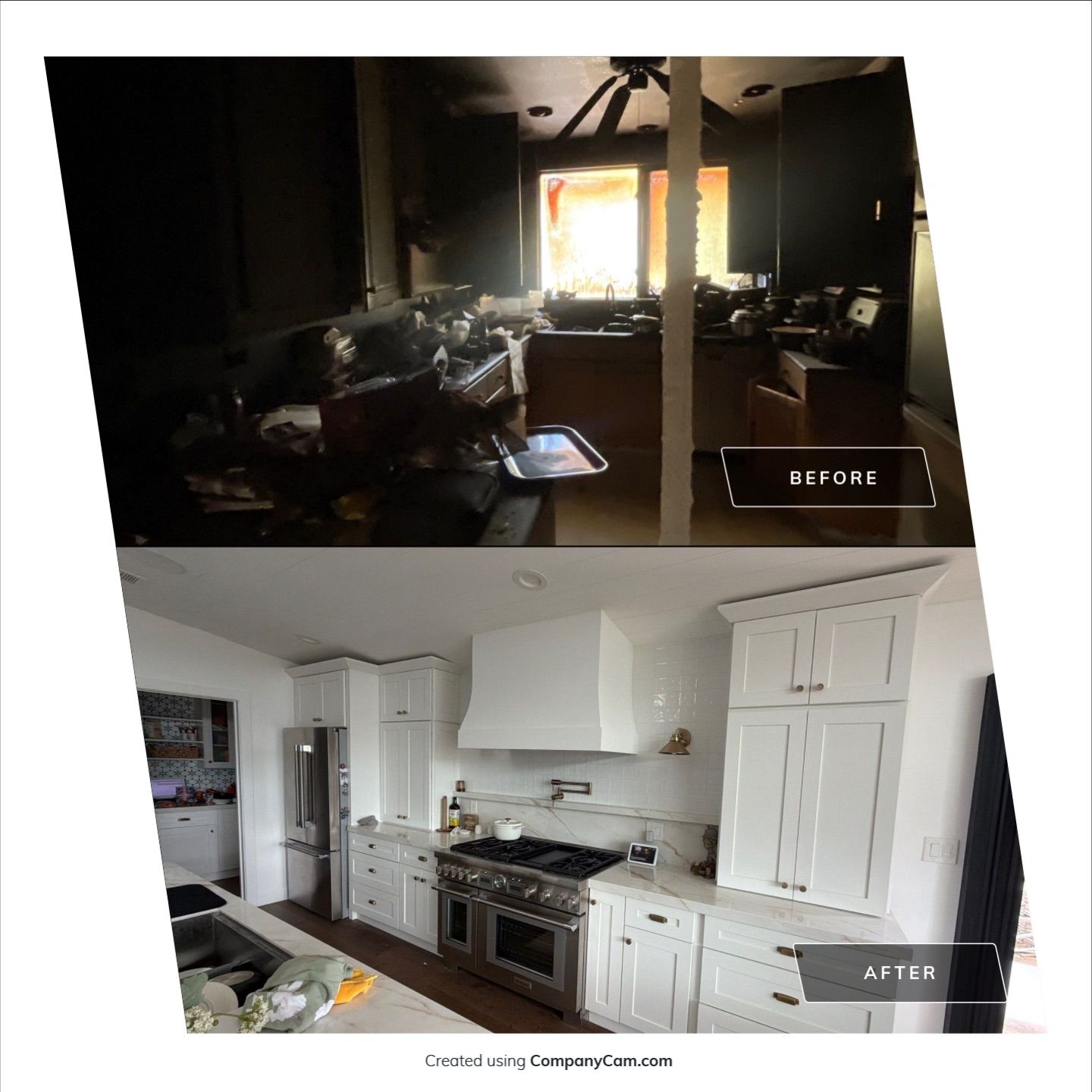 Before and after kitchen fire damage restoration with white cabinetry and new appliances.