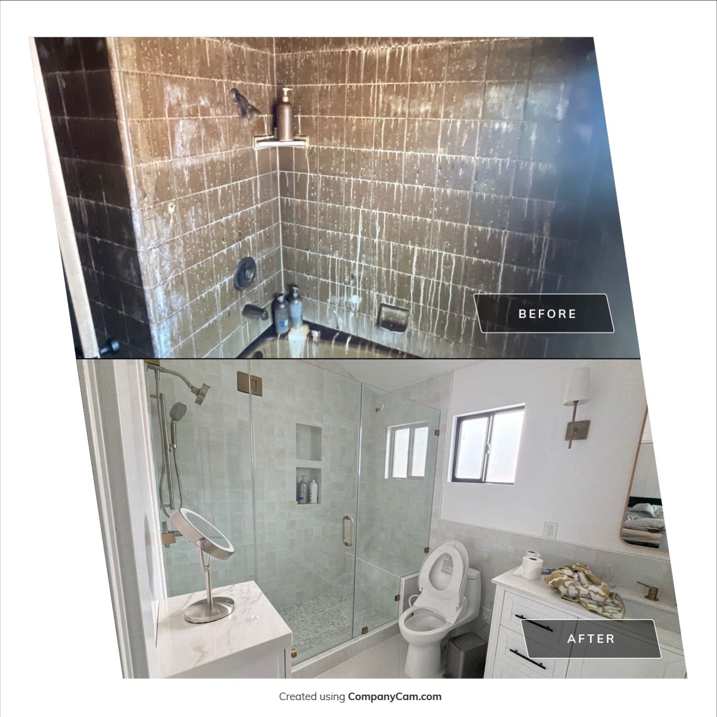 Before and after bathroom restoration with new tile, glass shower, and vanity.