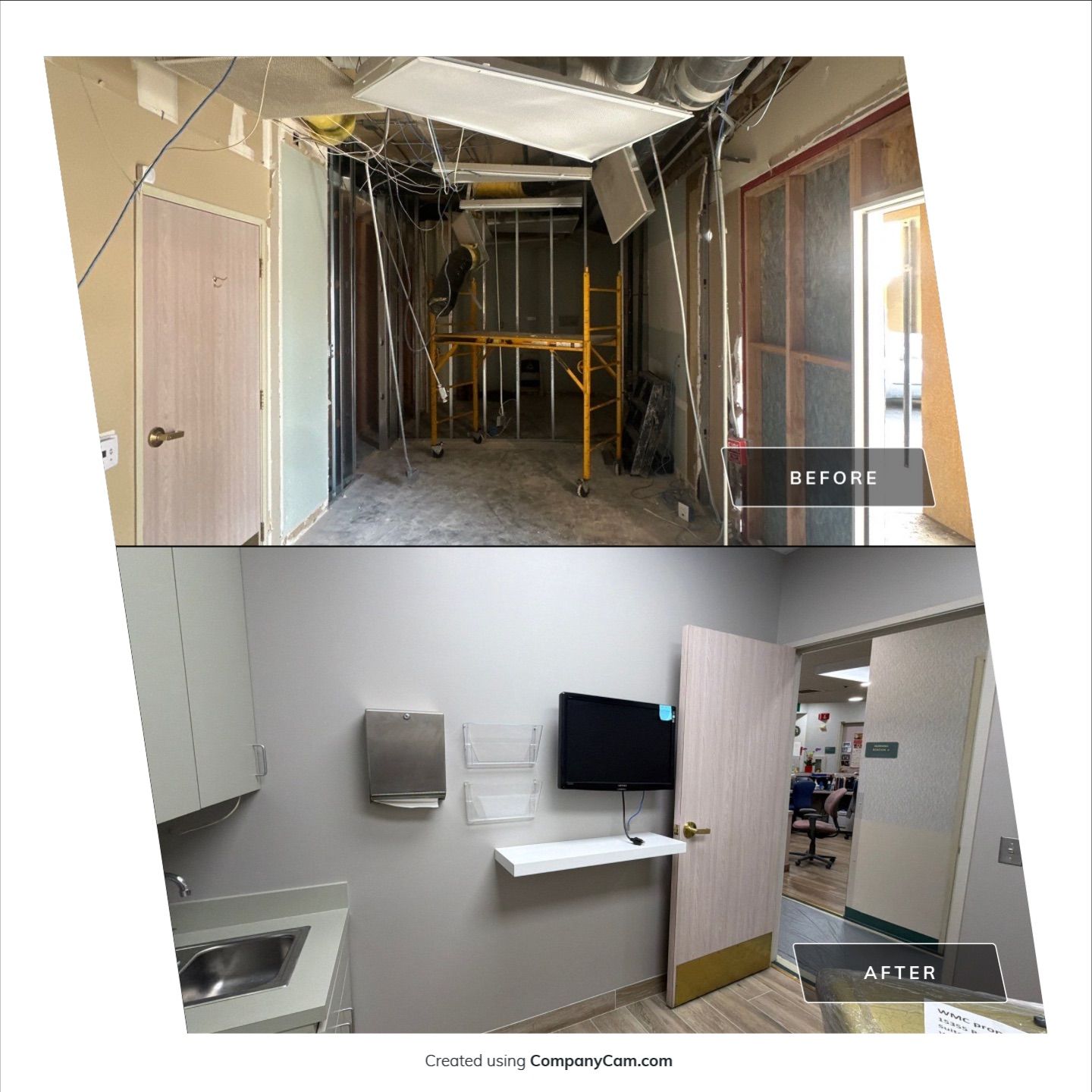 Before and after interior commercial restoration with repaired ceiling, walls, and finishes.