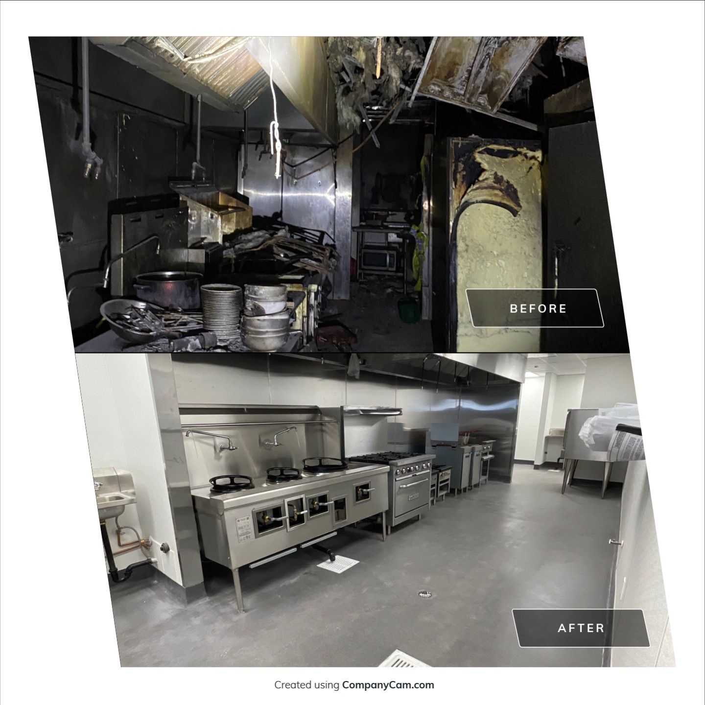 Before and after commercial kitchen fire restoration with stainless steel equipment.